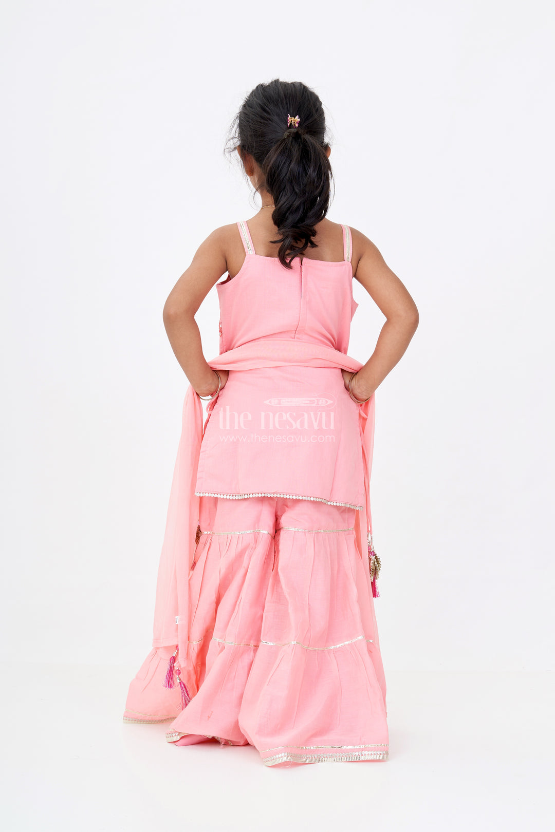 Girls Peach Color Sharara with Floral Thread Embroidery and Spaghetti Strap Top in Soft Cotton