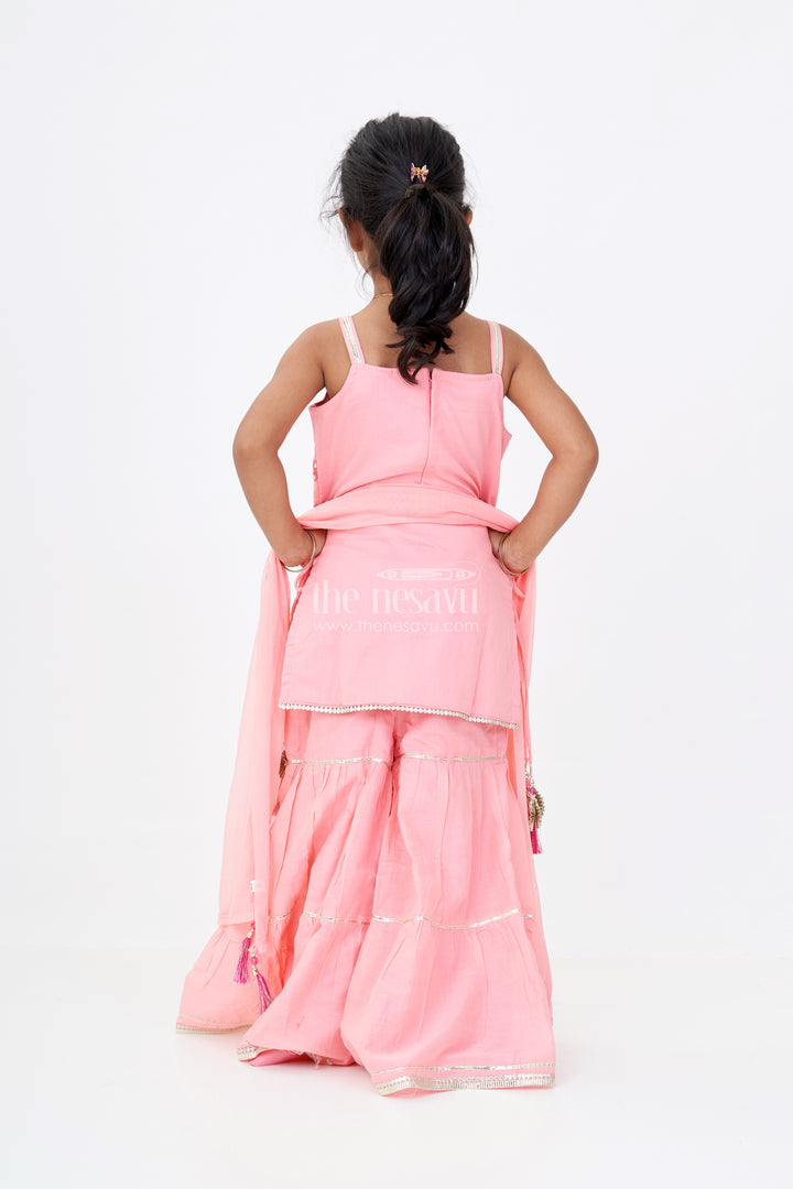 Girls Peach Color Sharara with Floral Thread Embroidery and Spaghetti Strap Top in Soft Cotton