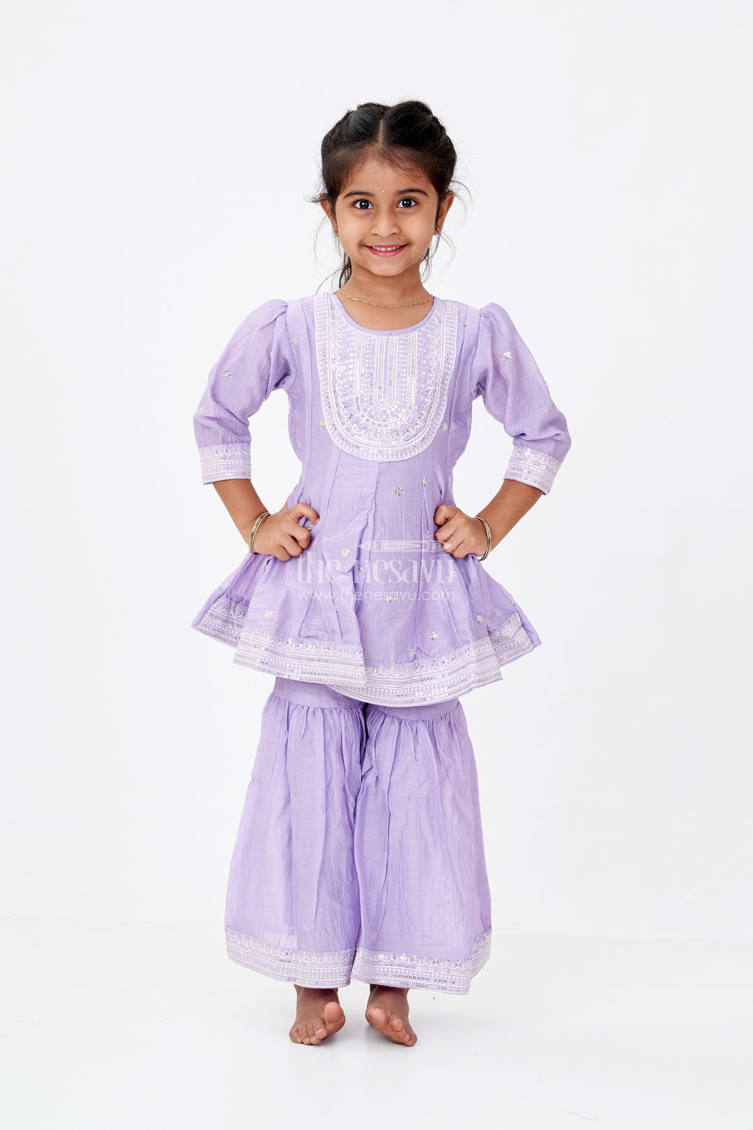 Girls Purple Churidar with Sequin Embroidered Cotton Set Featuring Kurta and Flared Pants