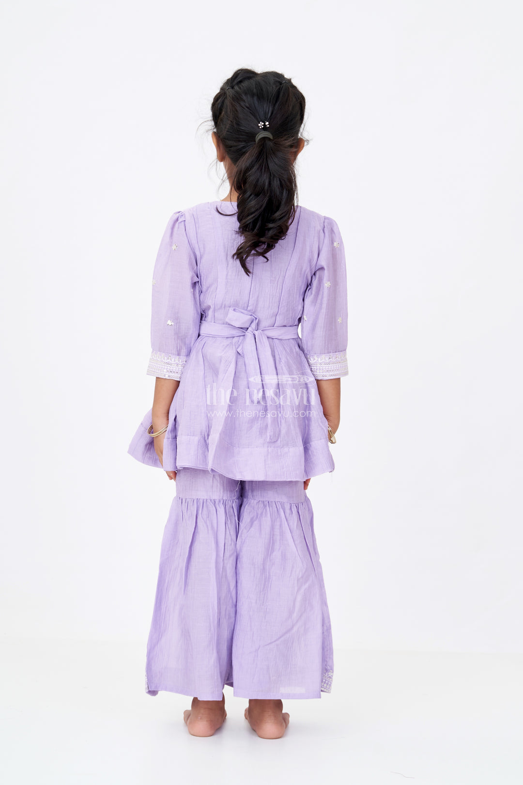 Girls Purple Churidar with Sequin Embroidered Cotton Set Featuring Kurta and Flared Pants