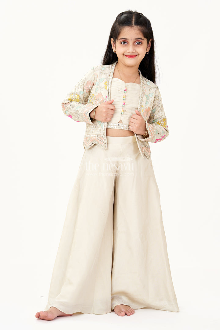 Girls Sharara Wear Set in Beige Shimmer Viscose with Embroidered Jacket and Spaghetti Top