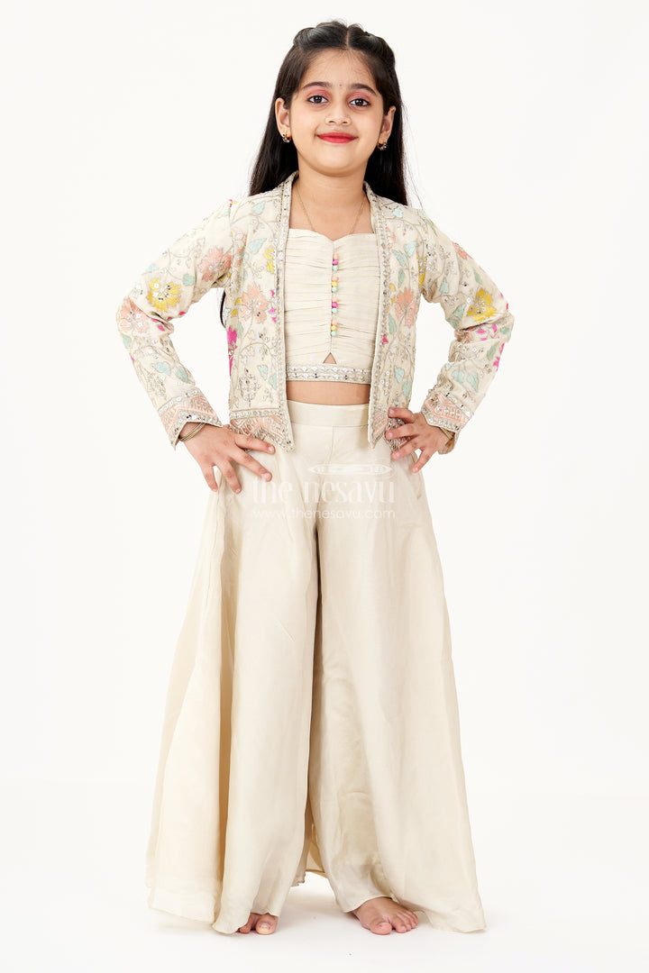 Girls Sharara Wear Set in Beige Shimmer Viscose with Embroidered Jacket and Spaghetti Top