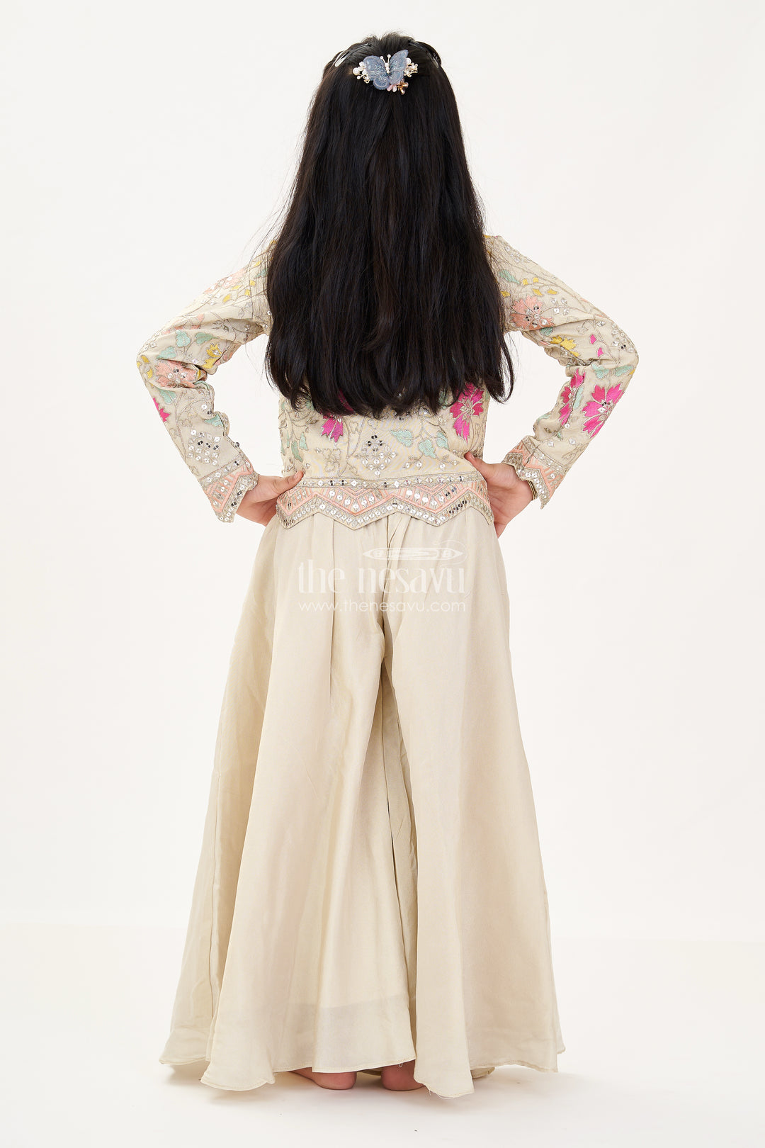 Girls Sharara Wear Set in Beige Shimmer Viscose with Embroidered Jacket and Spaghetti Top