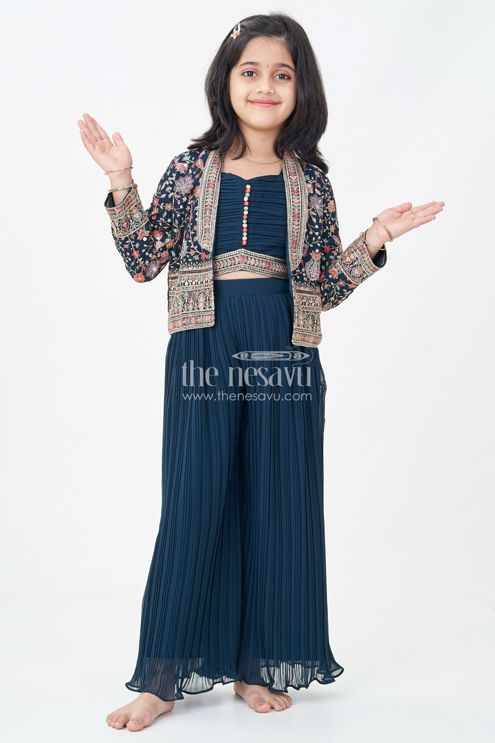 Girls Top with Sharara Set in Georgette with Designer Embroidered Jacket and Flared Pants