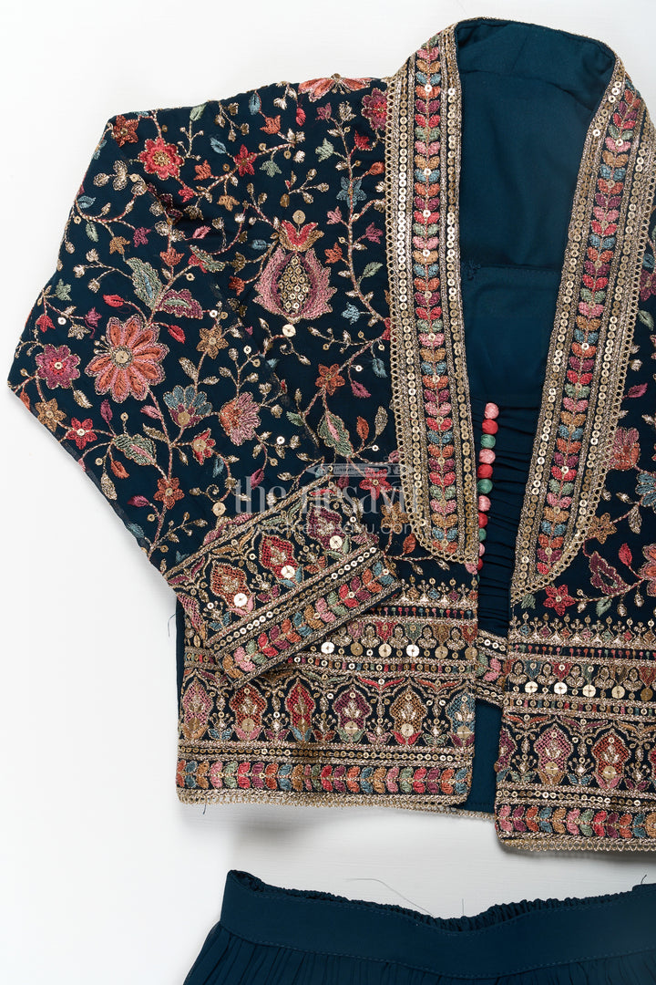 Girls Top with Sharara Set in Georgette with Designer Embroidered Jacket and Flared Pants