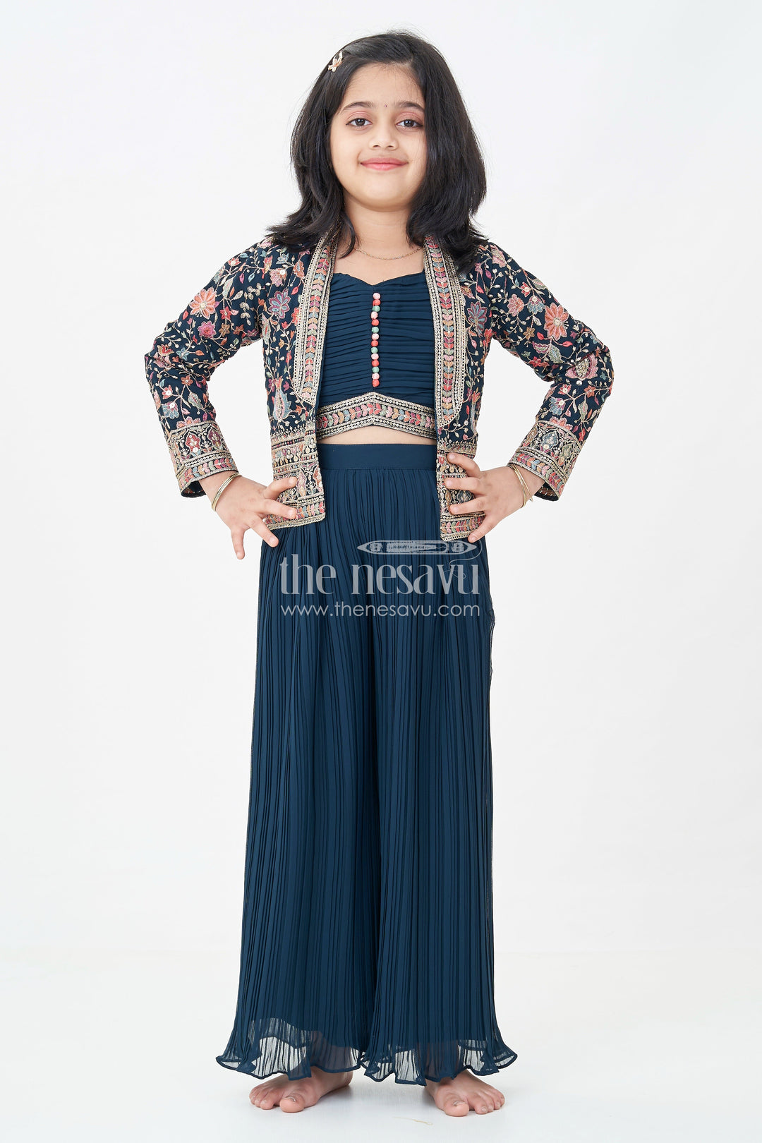 Girls Top with Sharara Set in Georgette with Designer Embroidered Jacket and Flared Pants