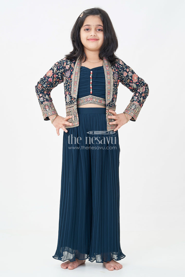 Girls Top with Sharara Set in Georgette with Designer Embroidered Jacket and Flared Pants