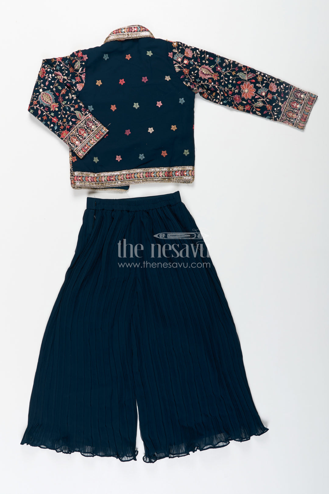 Girls Top with Sharara Set in Georgette with Designer Embroidered Jacket and Flared Pants