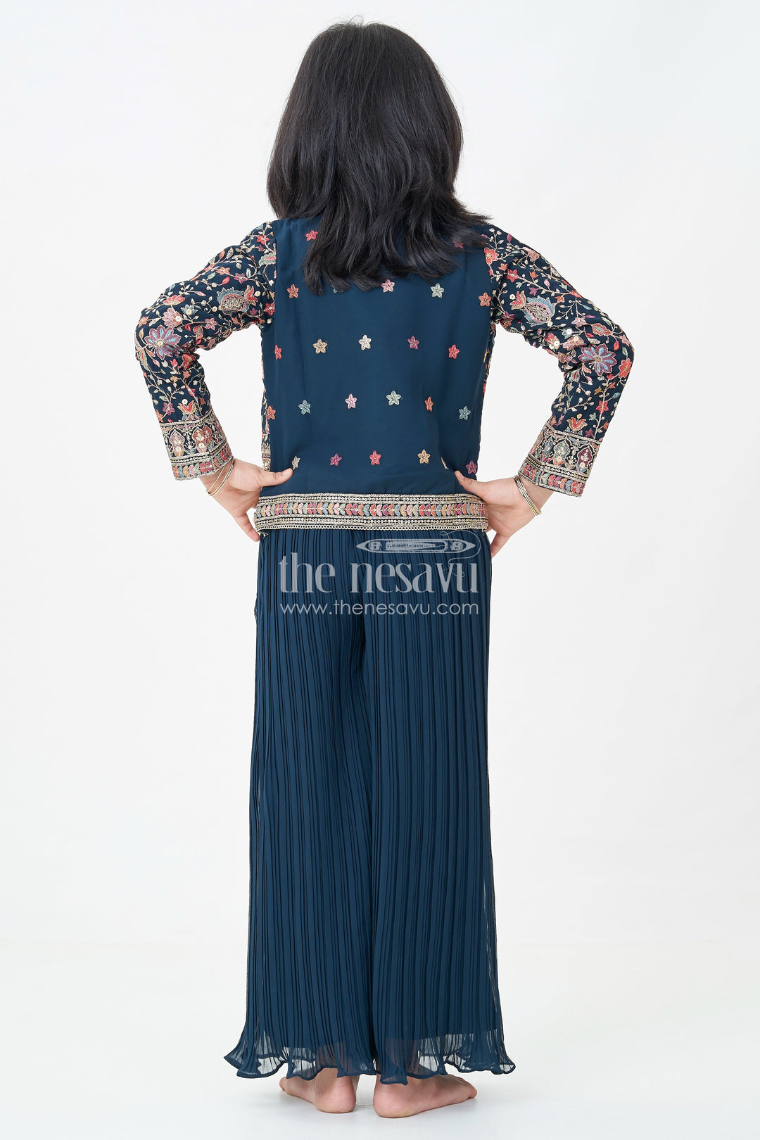 Girls Top with Sharara Set in Georgette with Designer Embroidered Jacket and Flared Pants