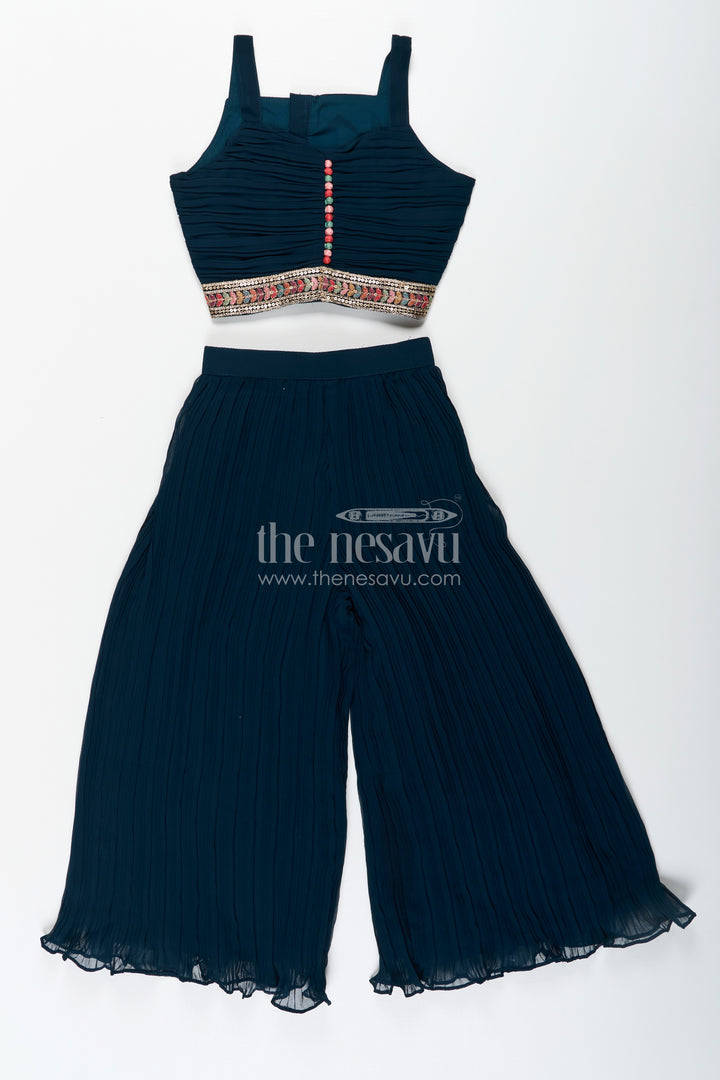 Girls Top with Sharara Set in Georgette with Designer Embroidered Jacket and Flared Pants