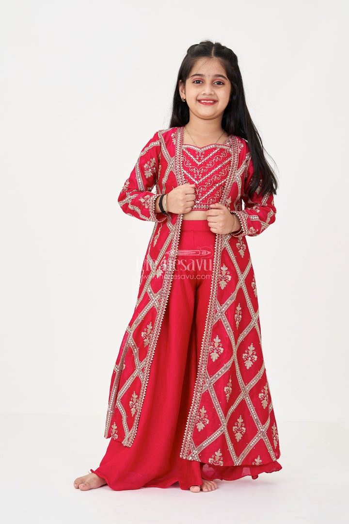 Girls Readymade Sharara Set in Maroon Georgette with Embroidered Jacket and Spaghetti Top