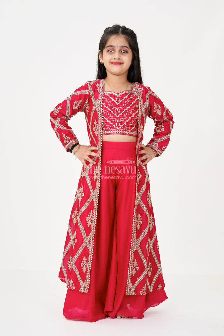 Girls Readymade Sharara Set in Maroon Georgette with Embroidered Jacket and Spaghetti Top