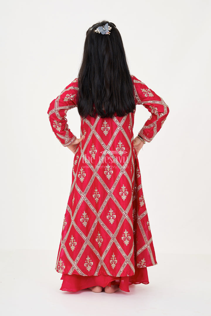 Girls Readymade Sharara Set in Maroon Georgette with Embroidered Jacket and Spaghetti Top