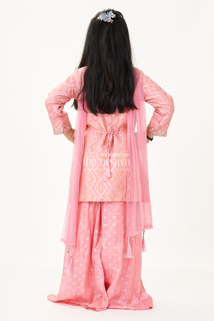 Girls Peach Sharara Set in Banarasi Kora Silk with Sequin Embroidery and Mirror Accents