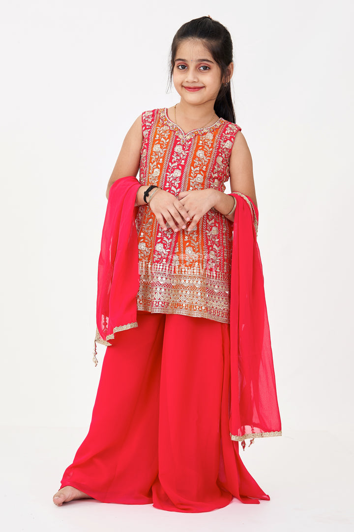Girls Sharara Design in Red Georgette with Sequined Sleeveless Top and Matching Dupatta