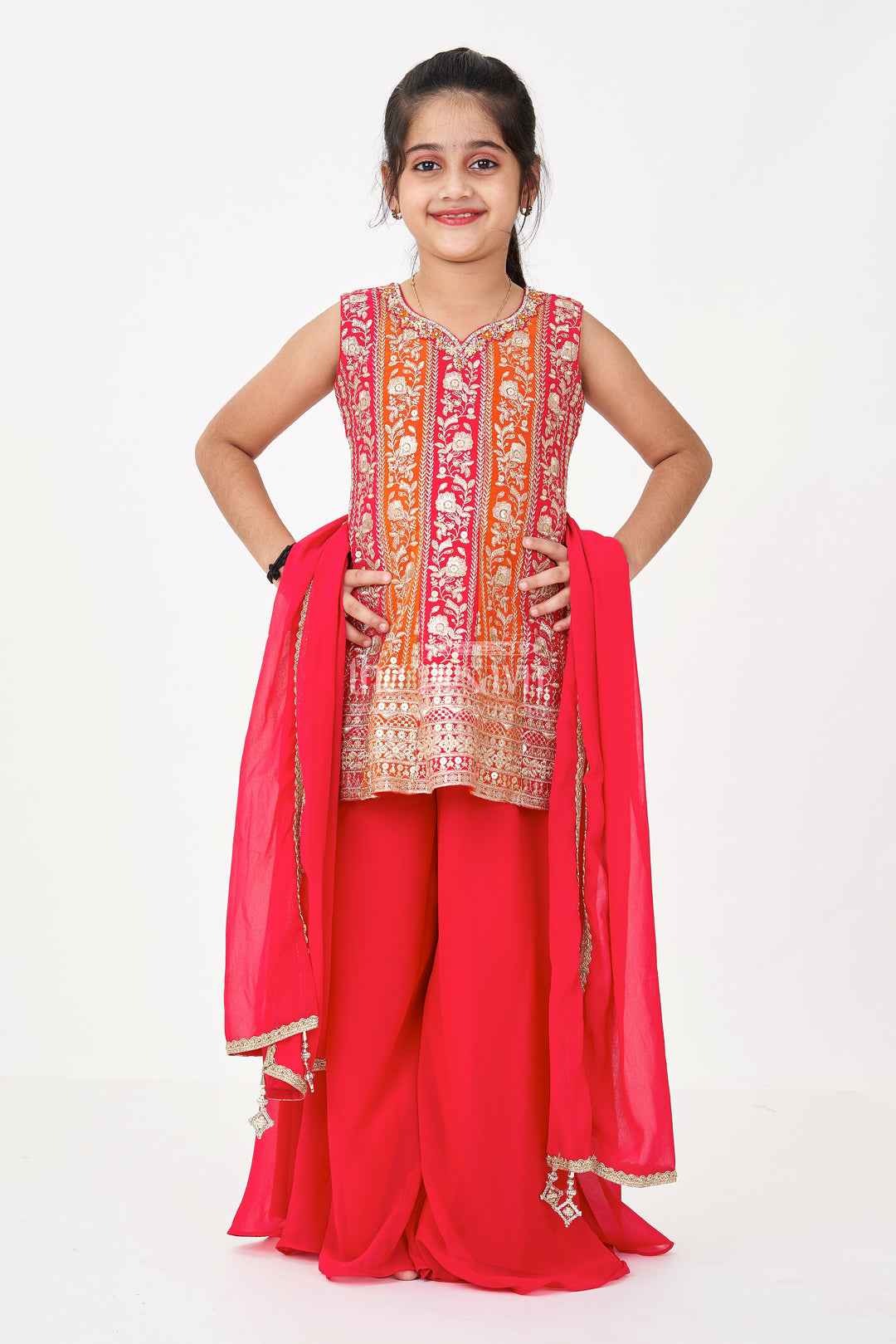 Girls Sharara Design in Red Georgette with Sequined Sleeveless Top and Matching Dupatta