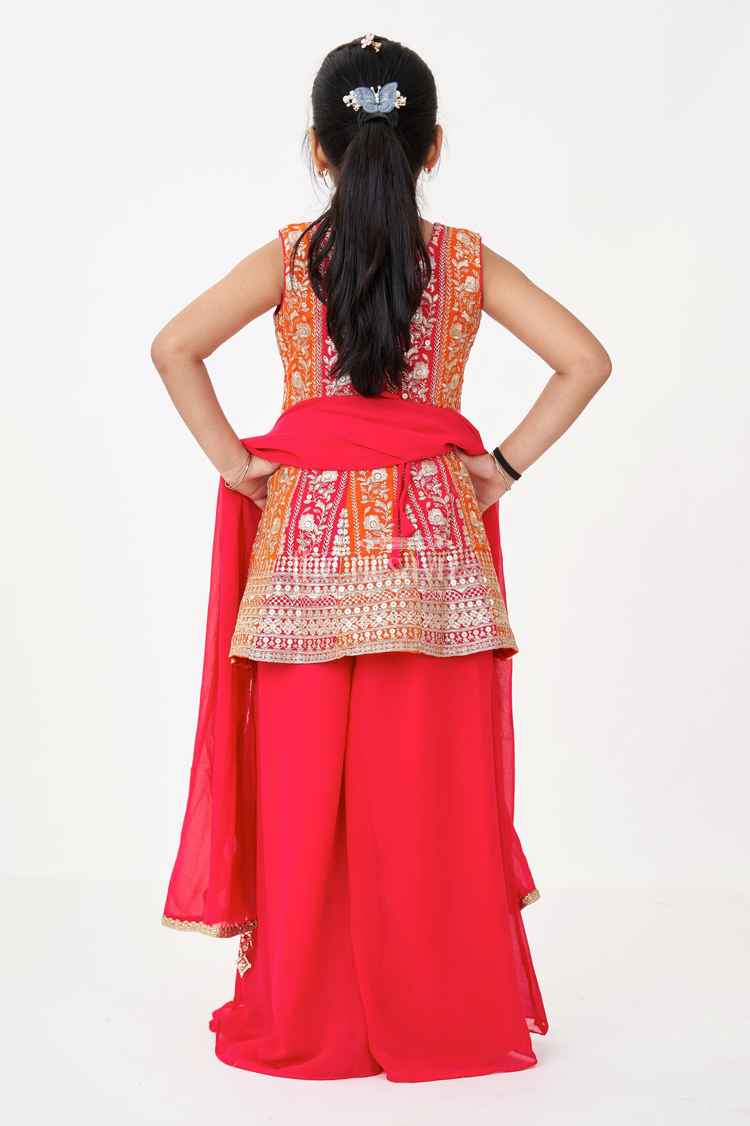 Girls Sharara Design in Red Georgette with Sequined Sleeveless Top and Matching Dupatta