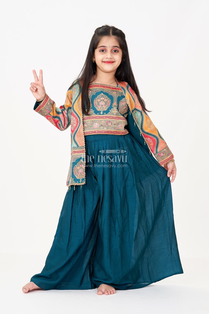 Sharara Suit for Girls in Pure Viscose Silk with Digital Print Jacket and Sleeveless Top