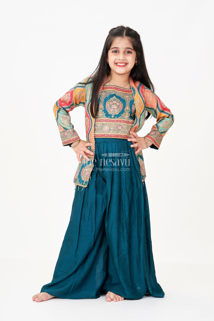 Sharara Suit for Girls in Pure Viscose Silk with Digital Print Jacket and Sleeveless Top