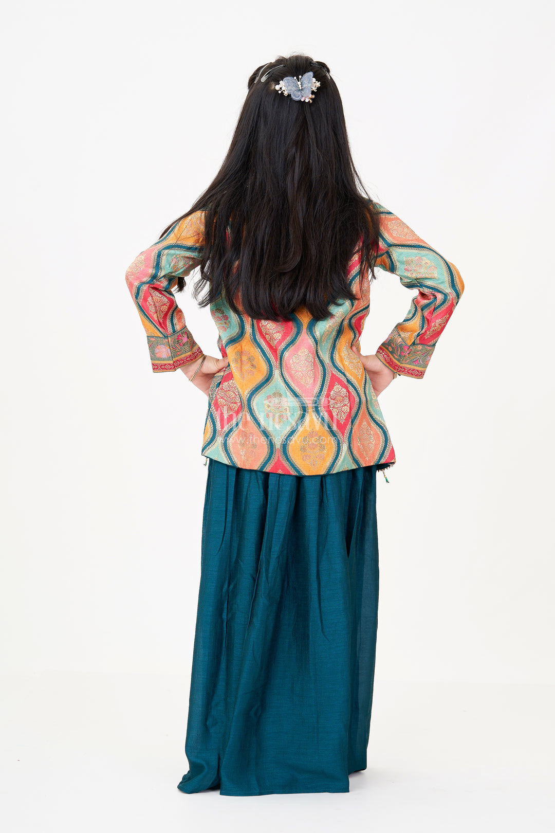 Sharara Suit for Girls in Pure Viscose Silk with Digital Print Jacket and Sleeveless Top