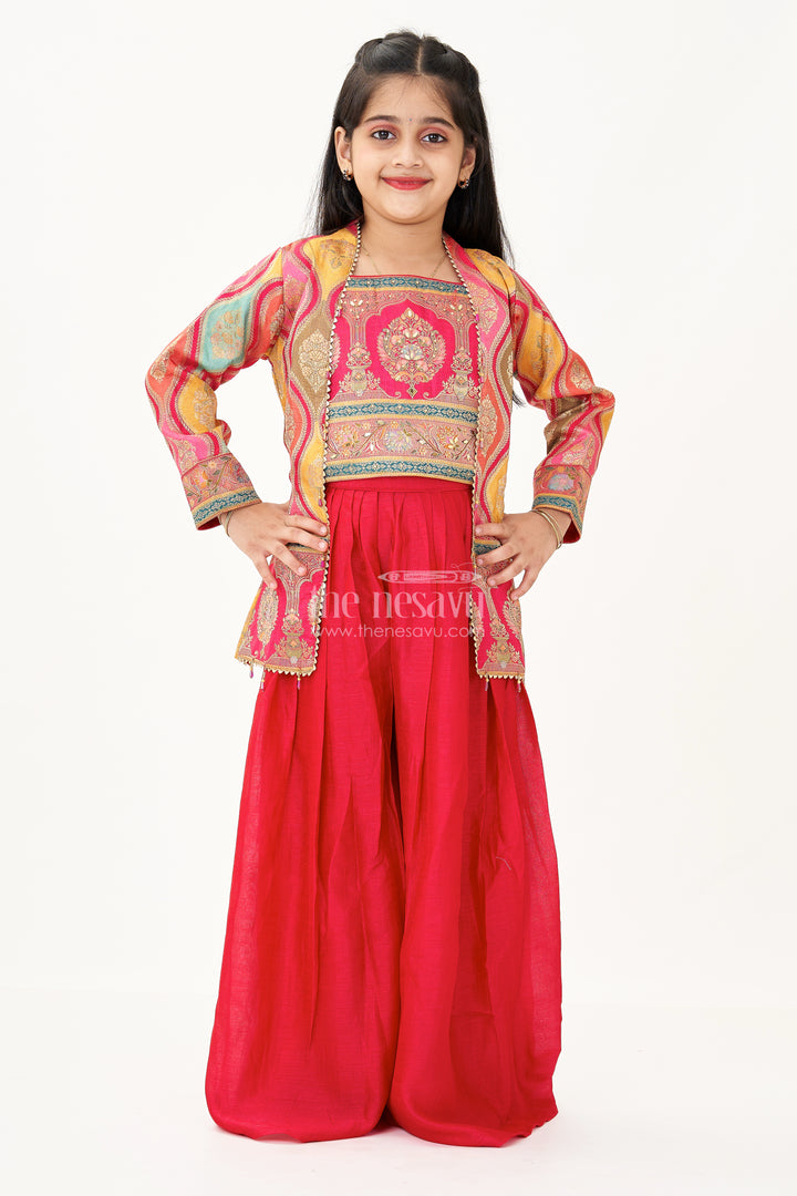 Sharara Designer Set in Pure Viscose Silk with Printed Jacket and Red Flared Pants
