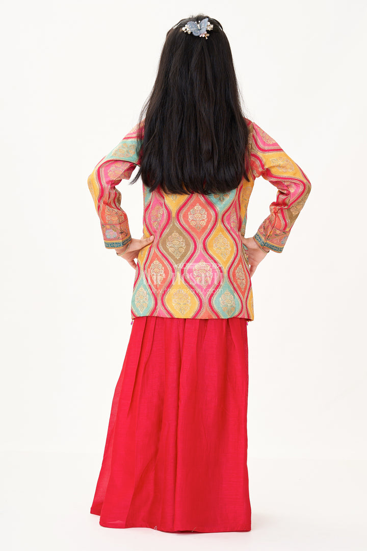 Sharara Designer Set in Pure Viscose Silk with Printed Jacket and Red Flared Pants