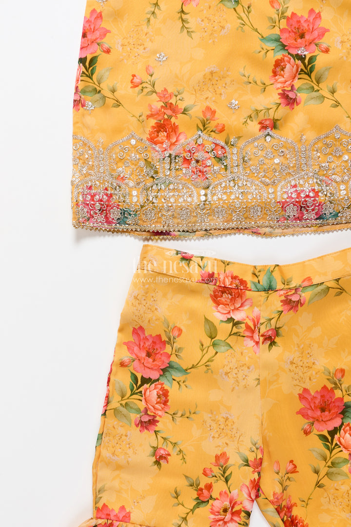 Crepe Sharara Set for Girls in Yellow with Floral Digital Print and Sequins Embroidery