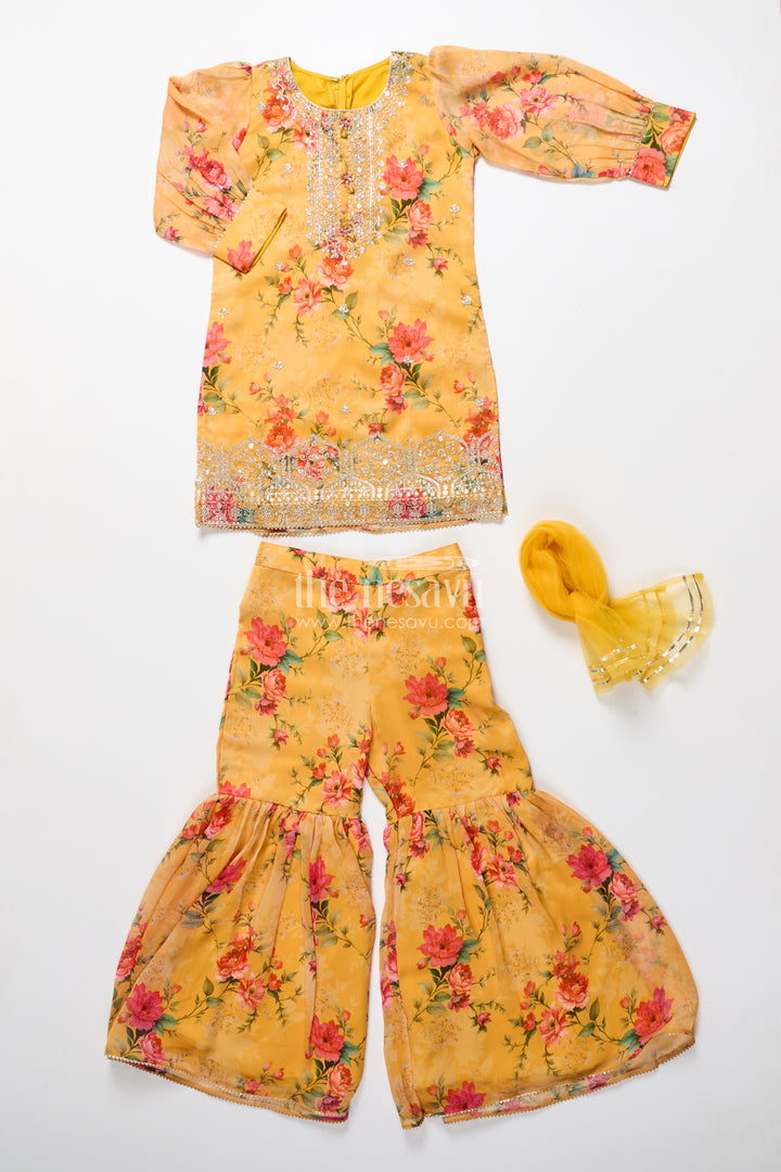 Crepe Sharara Set for Girls in Yellow with Floral Digital Print and Sequins Embroidery