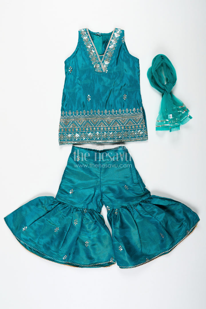 Pleated Sharara Set in Teal Banarasi Kora Silk with Sequence Embroidery for Girls
