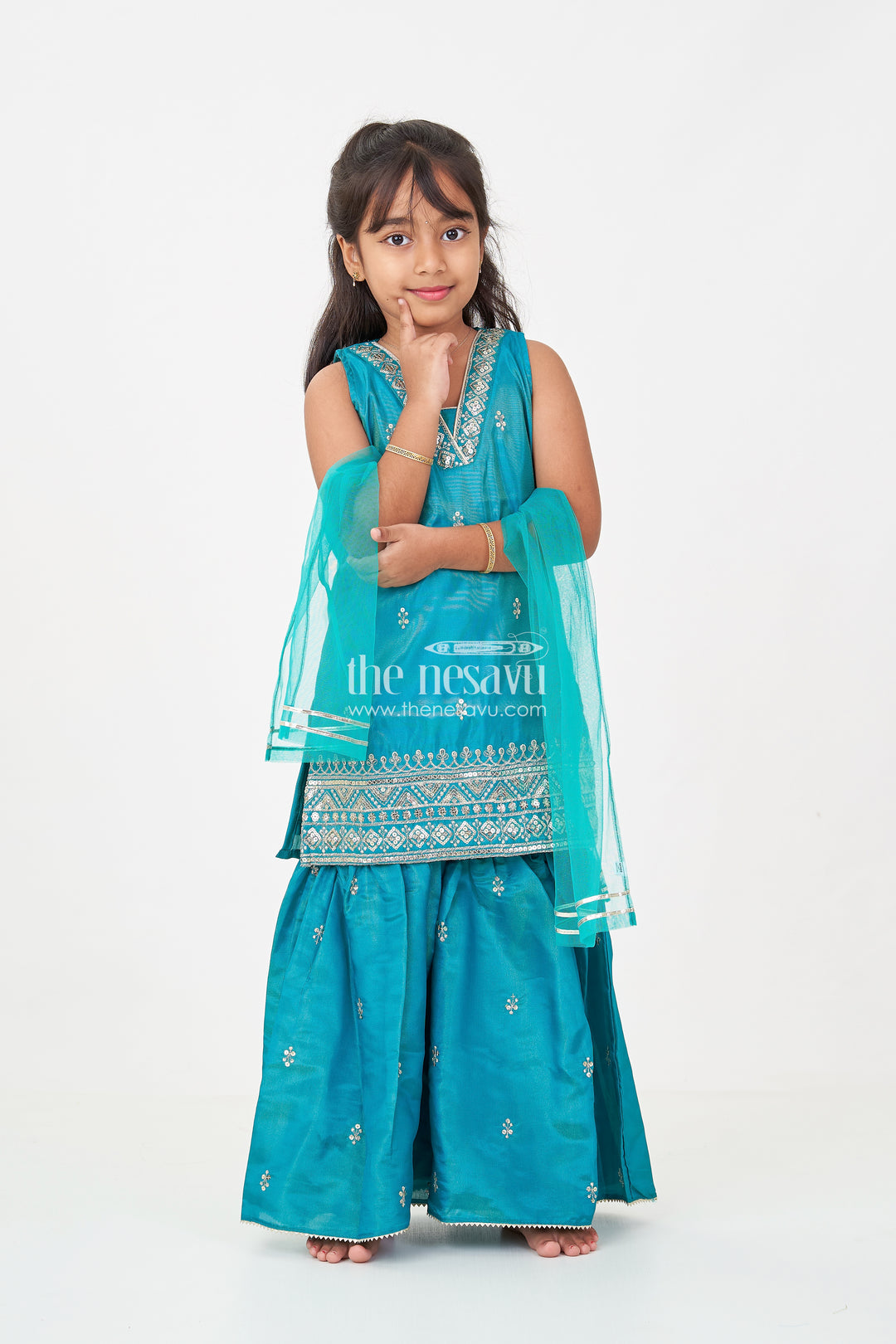 Pleated Sharara Set in Teal Banarasi Kora Silk with Sequence Embroidery for Girls
