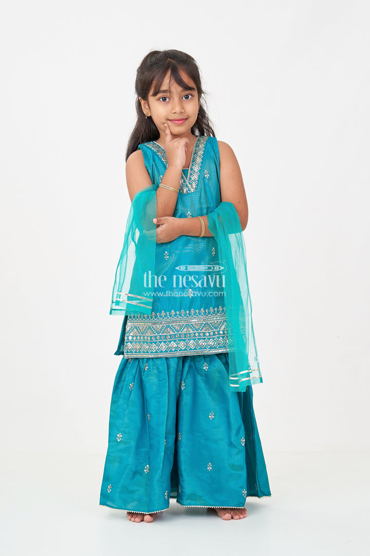 Pleated Sharara Set in Teal Banarasi Kora Silk with Sequence Embroidery for Girls
