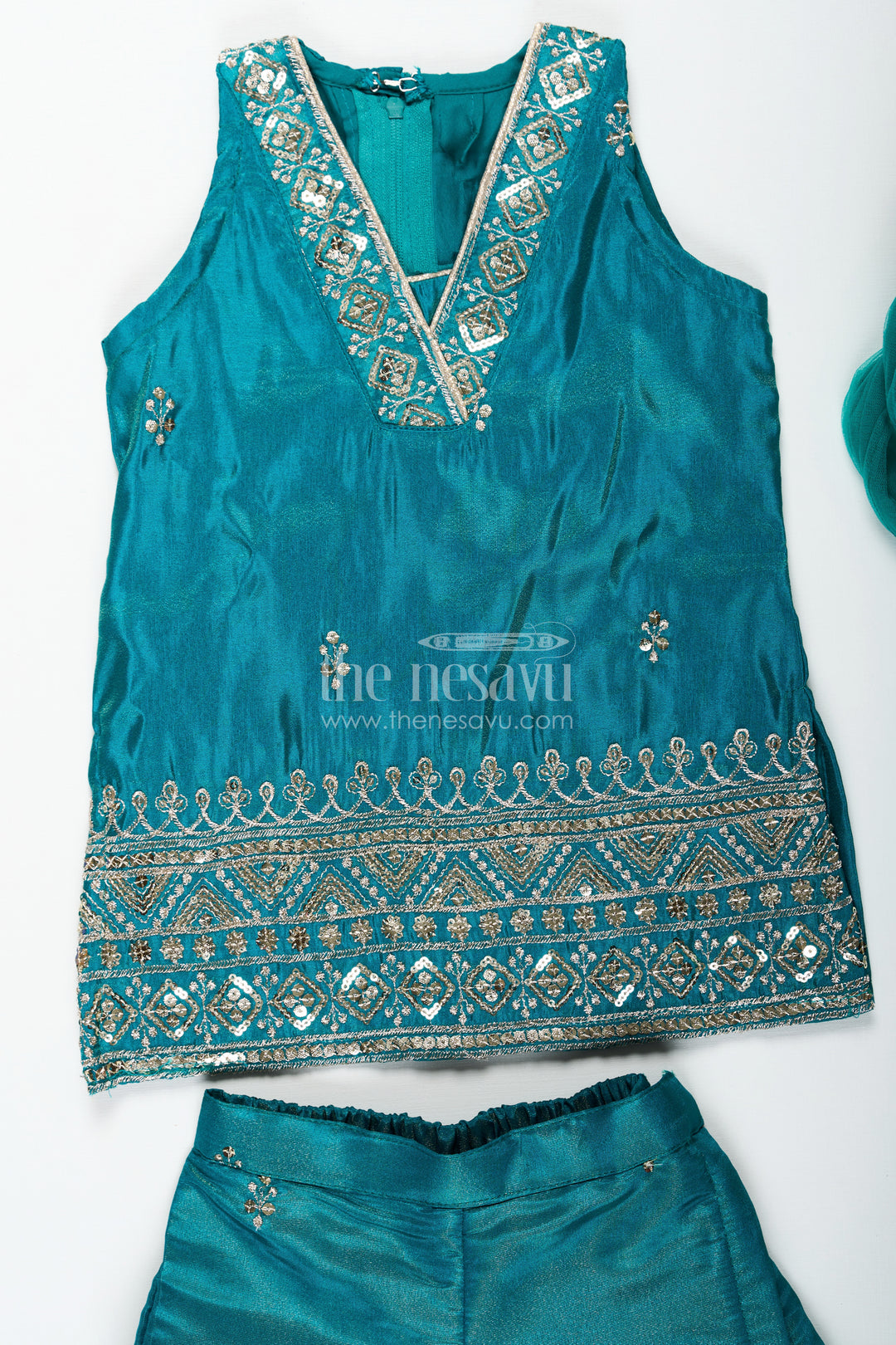 Pleated Sharara Set in Teal Banarasi Kora Silk with Sequence Embroidery for Girls