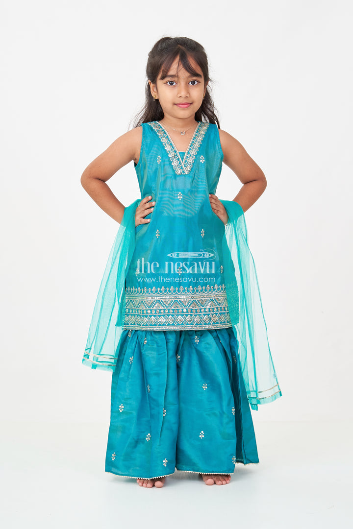Pleated Sharara Set in Teal Banarasi Kora Silk with Sequence Embroidery for Girls