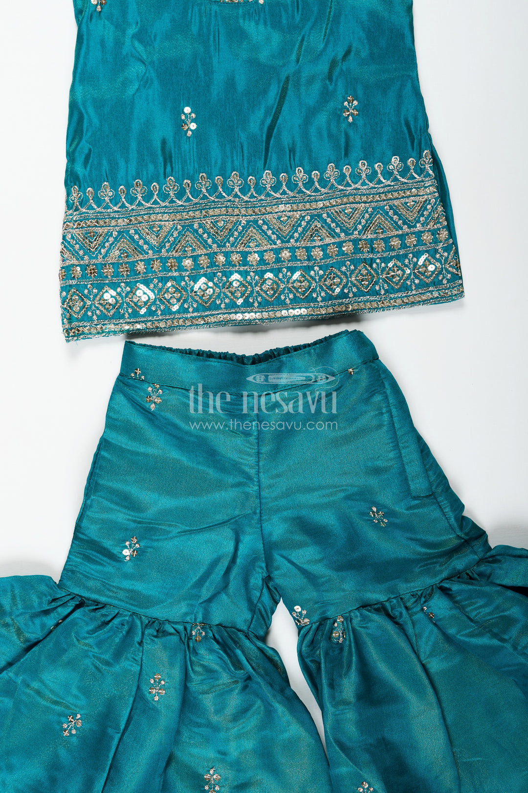 Pleated Sharara Set in Teal Banarasi Kora Silk with Sequence Embroidery for Girls
