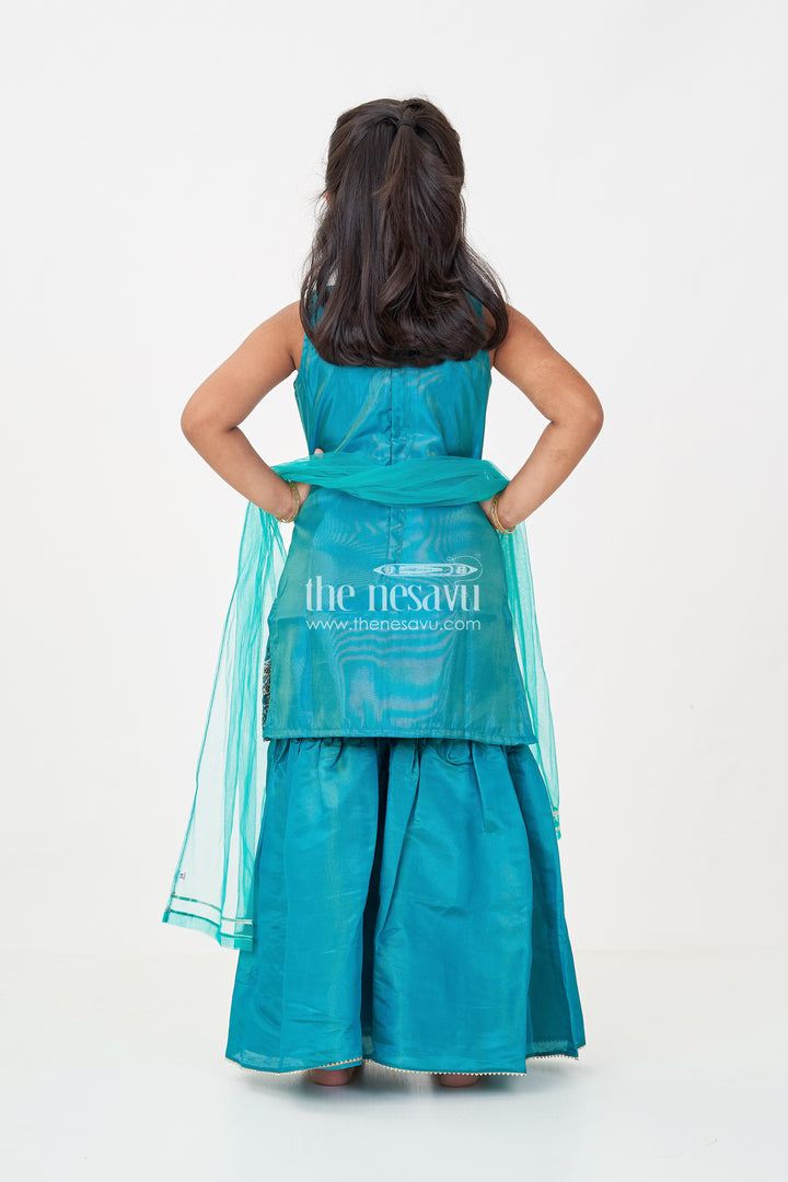 Pleated Sharara Set in Teal Banarasi Kora Silk with Sequence Embroidery for Girls