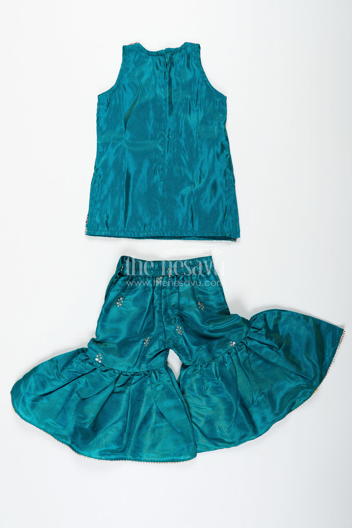 Pleated Sharara Set in Teal Banarasi Kora Silk with Sequence Embroidery for Girls