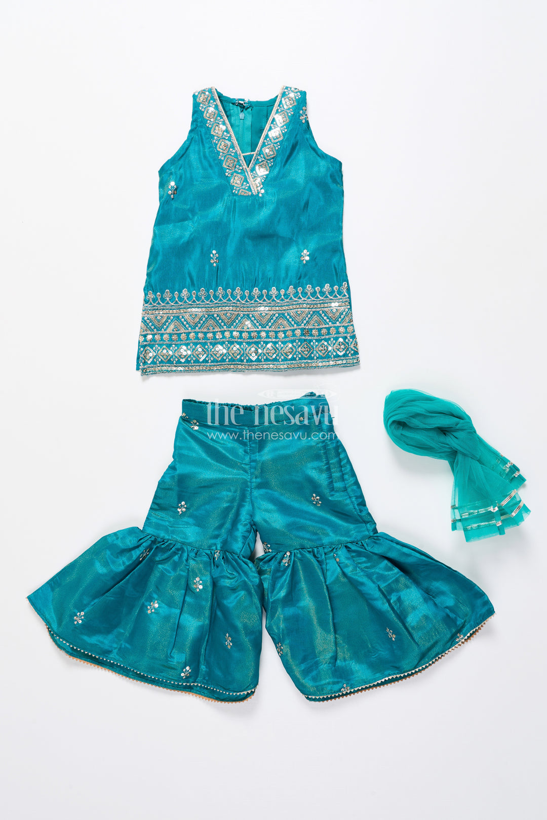 Pleated Sharara Set in Teal Banarasi Kora Silk with Sequence Embroidery for Girls