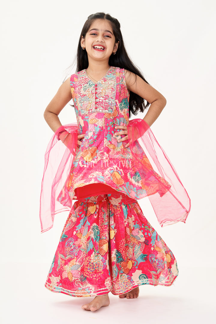 Girls Palazzo Wear Set with Bright Floral Georgette Digital Print and Sequin Embroidery
