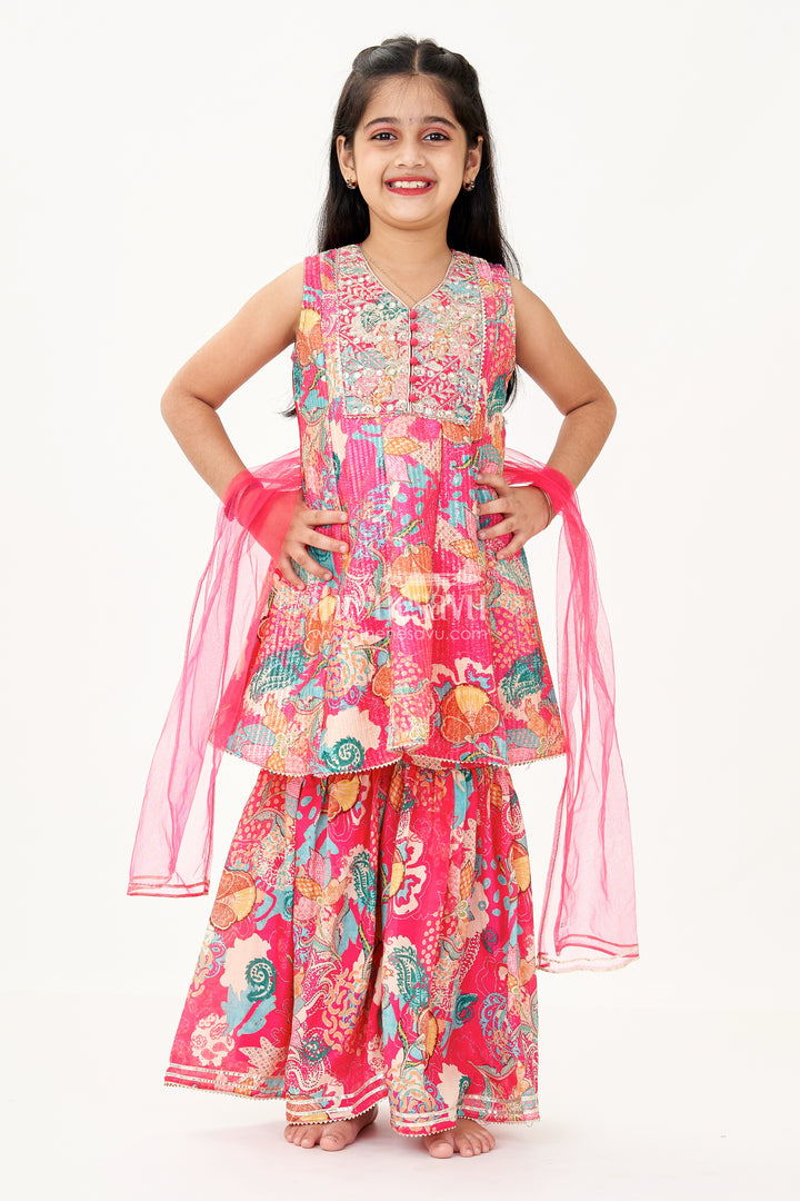 Girls Palazzo Wear Set with Bright Floral Georgette Digital Print and Sequin Embroidery