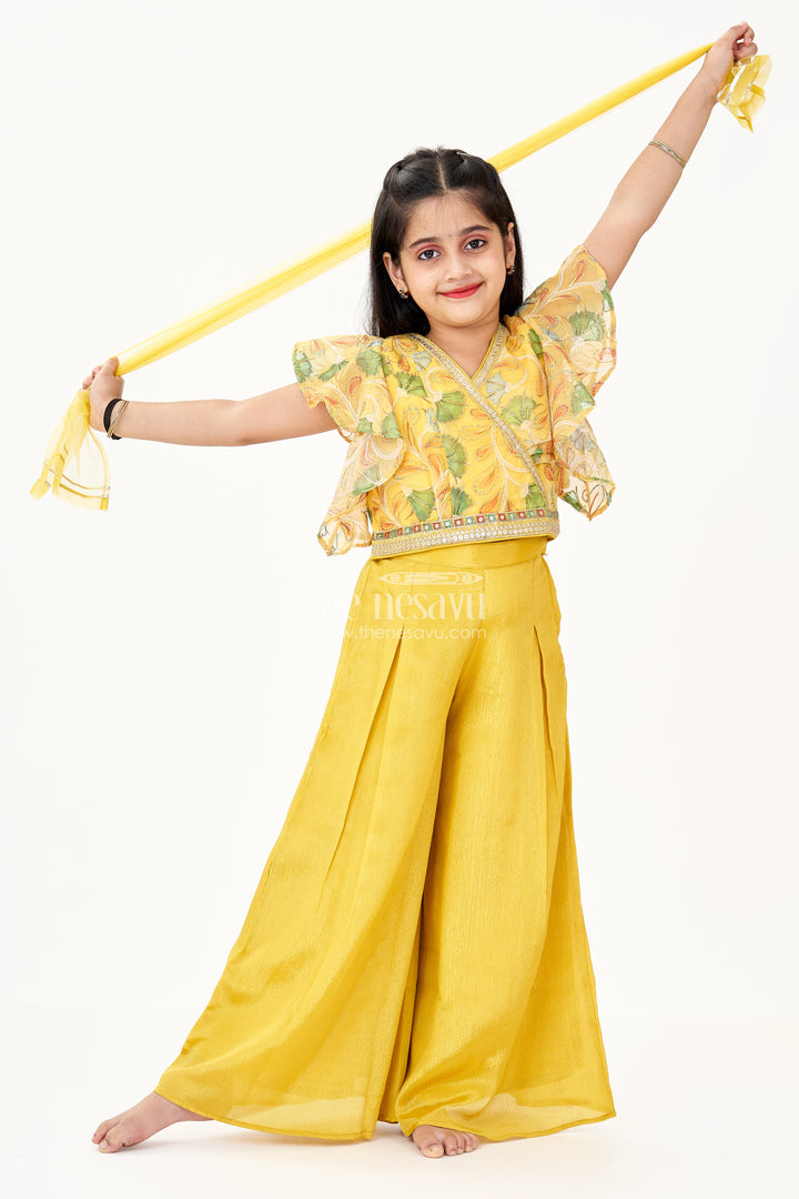 Girls Tops and Palazzo Set in Mustard Yellow Shimmer Viscose with Sequin Detailing