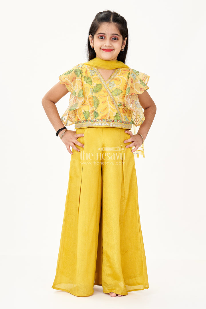 Girls Tops and Palazzo Set in Mustard Yellow Shimmer Viscose with Sequin Detailing