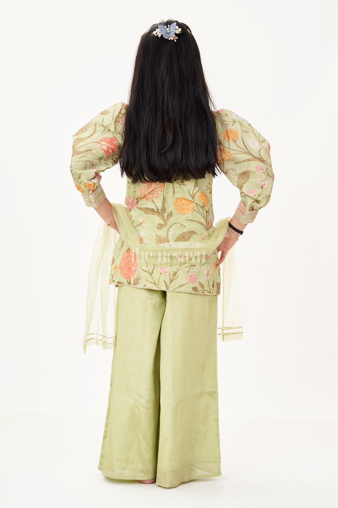 Girls Green Dress Palazzo Set in Floral Georgette with Sequence Embroidery and Puff Sleeves