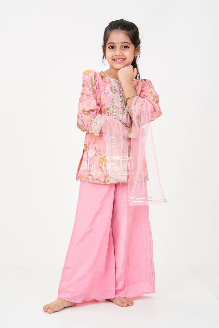 Pink Sharara Set for Girls with Organza Digital Print Top and Sequin Embroidery Accents