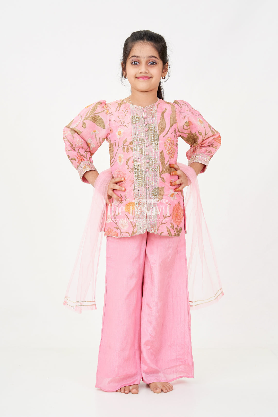 Pink Sharara Set for Girls with Organza Digital Print Top and Sequin Embroidery Accents