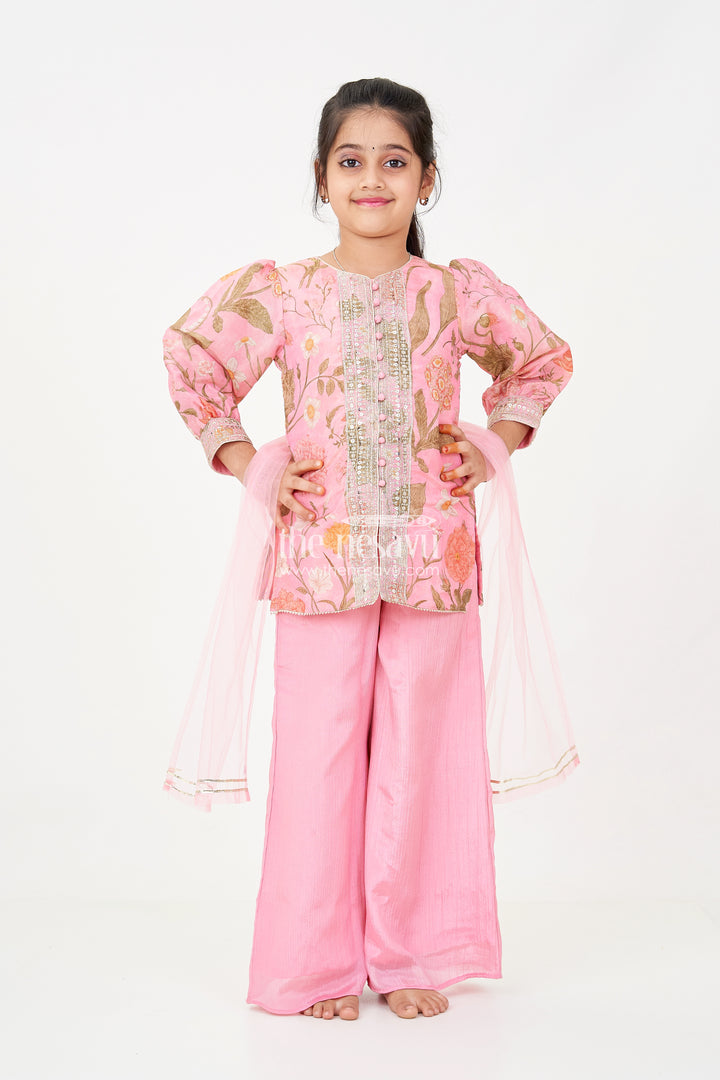 Pink Sharara Set for Girls with Organza Digital Print Top and Sequin Embroidery Accents