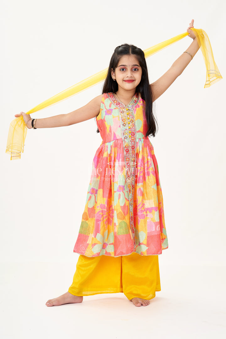 Girls Peplum Top with Sharara in Vibrant Georgette Digital Print and Sequin Embroidery