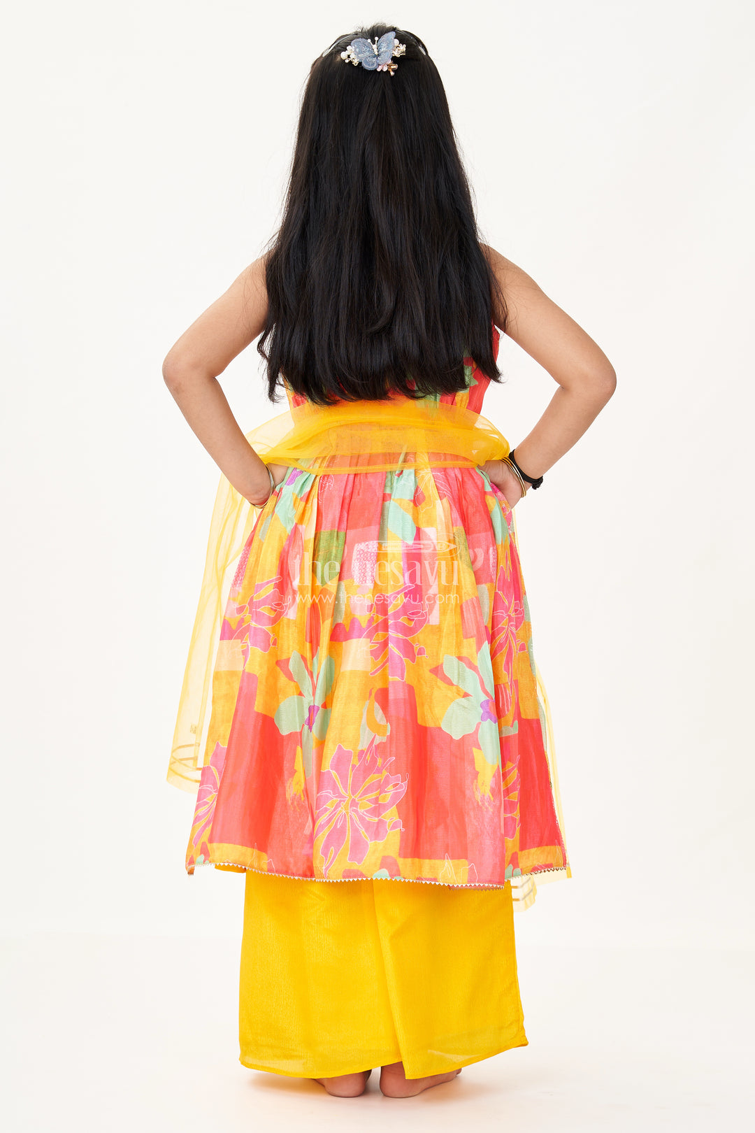 Girls Peplum Top with Sharara in Vibrant Georgette Digital Print and Sequin Embroidery