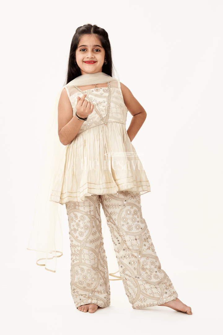 Girls Party Wear Sharara Dress in Viscose Tissue with Zari Thread Embroidery and Subtle Shine