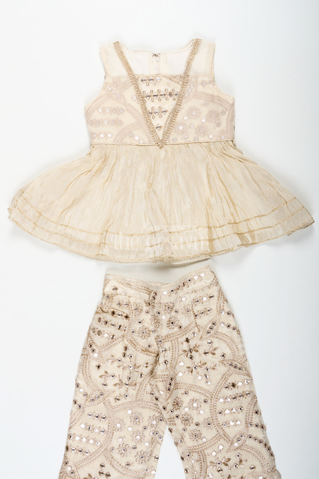 Girls Party Wear Sharara Dress in Viscose Tissue with Zari Thread Embroidery and Subtle Shine