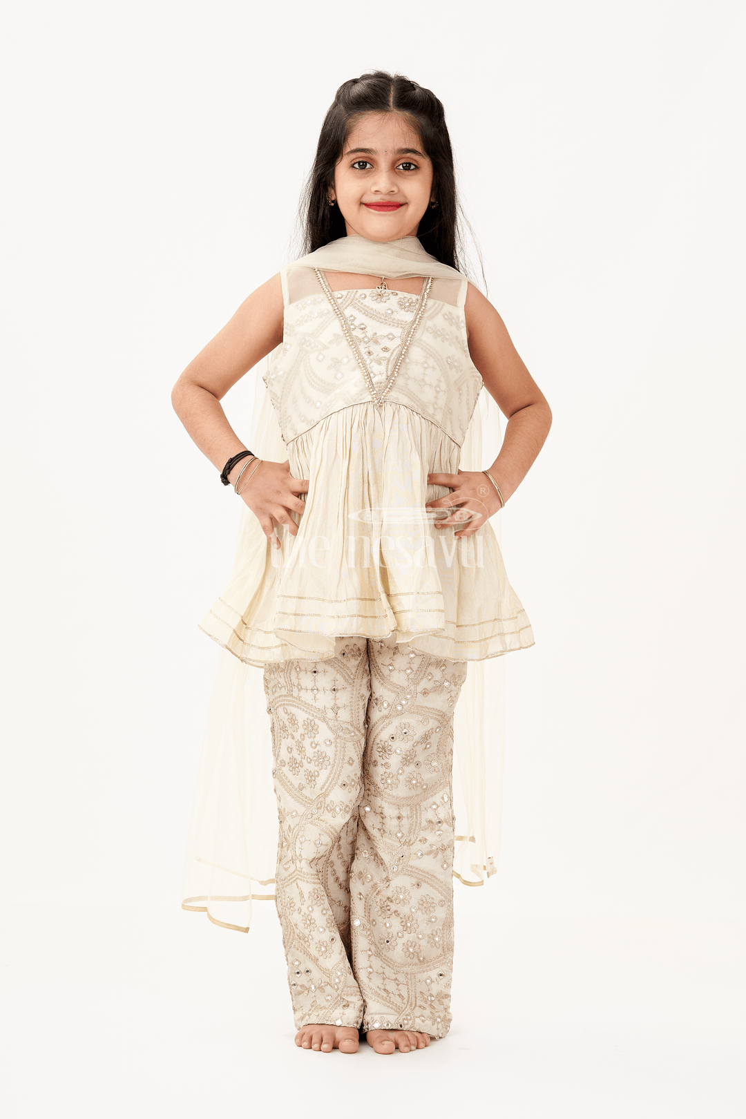 Girls Party Wear Sharara Dress in Viscose Tissue with Zari Thread Embroidery and Subtle Shine